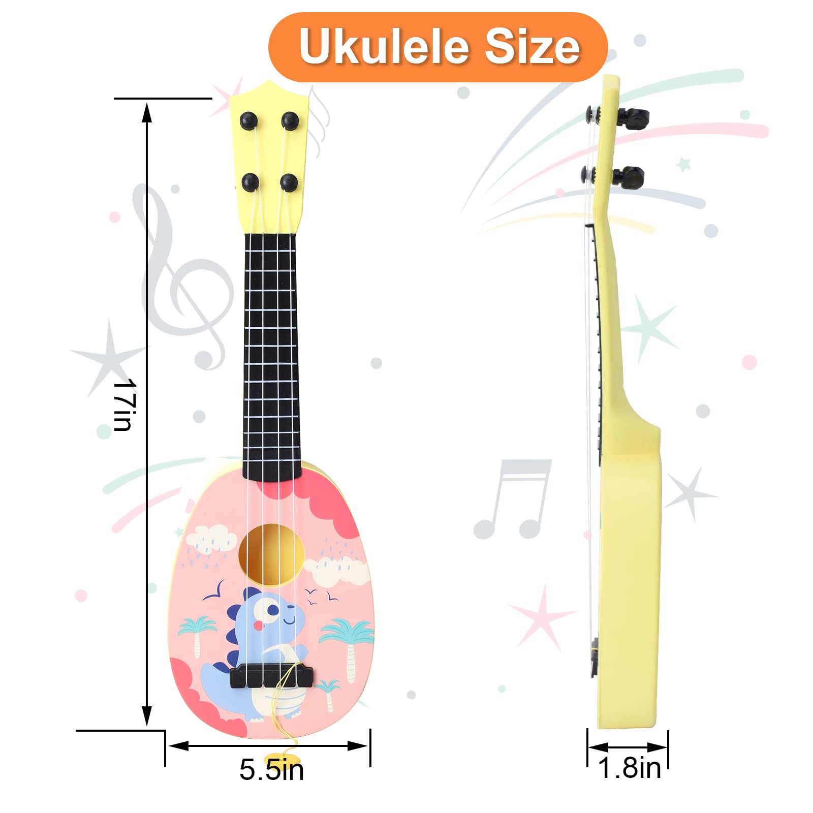 YOLOPLUS+ 17 Inch Toddler Ukulele – Pink 4-String Guitar Toy for Kids | Safe ABS Plastic