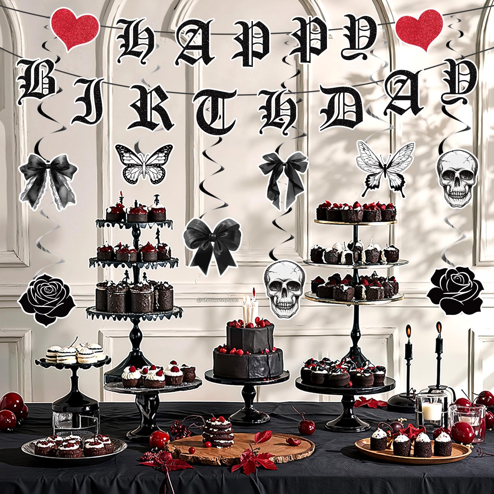 Yomaiha 11-Piece Gothic Birthday Decorations Set - Skull Black Bow Banners & Hanging Swirls for Death to My Twenties, Emo, Halloween Parties