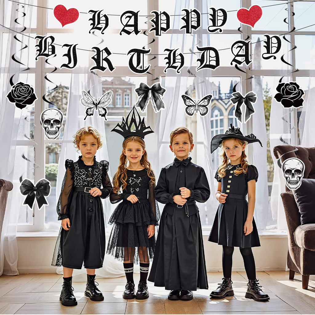 Yomaiha 11-Piece Gothic Birthday Decorations Set - Skull Black Bow Banners & Hanging Swirls for Death to My Twenties, Emo, Halloween Parties
