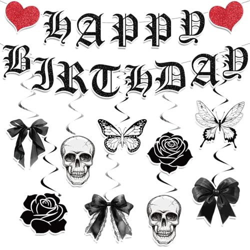 Yomaiha 11-Piece Gothic Birthday Decorations Set - Skull Black Bow Banners & Hanging Swirls for Death to My Twenties, Emo, Halloween Parties