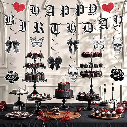 Yomaiha 11-Piece Gothic Birthday Decorations Set - Skull Black Bow Banners & Hanging Swirls for Death to My Twenties, Emo, Halloween Parties