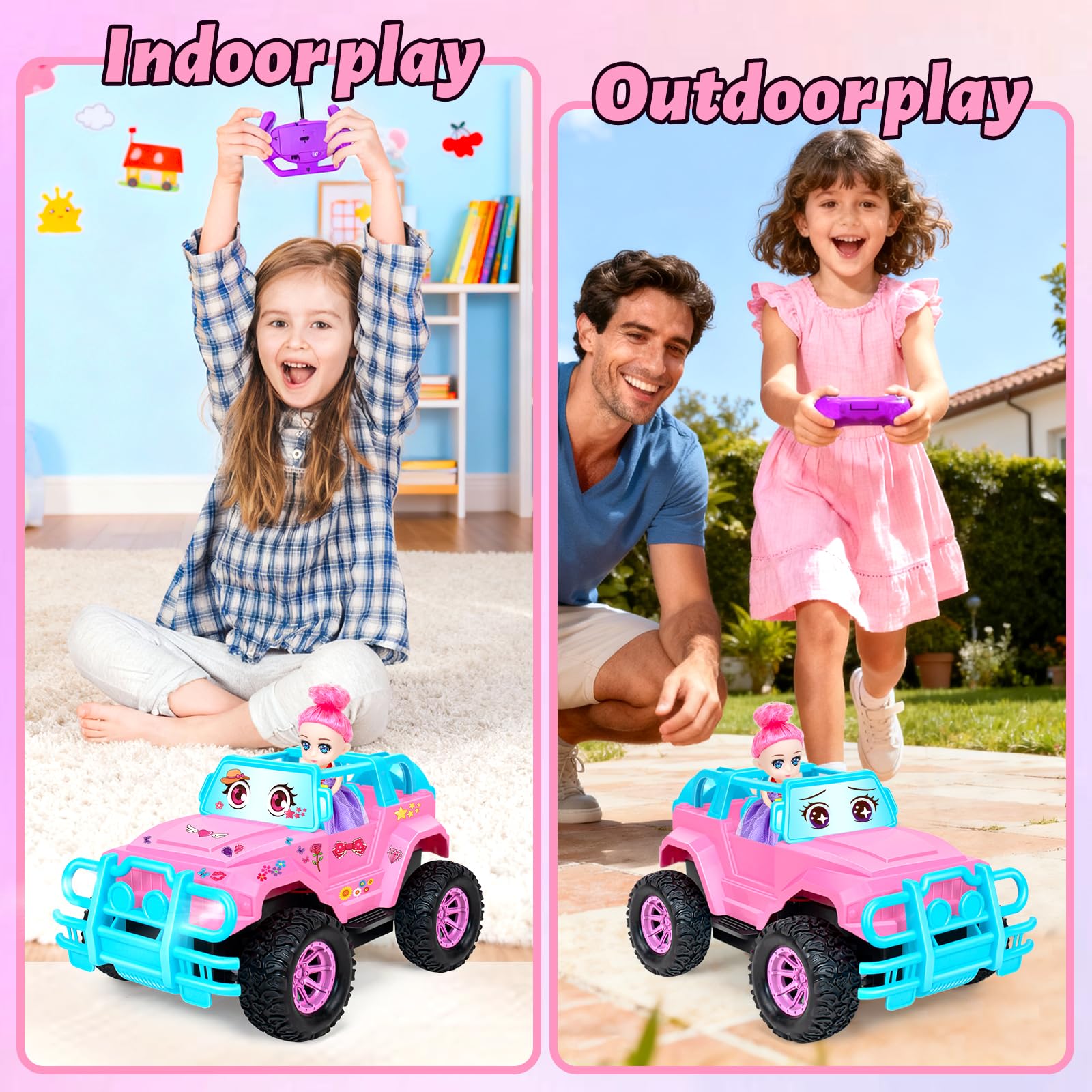 YongnKids 1:20 Scale Pink RC Truck for Kids 4-7 with Doll & Stickers - Remote Control Car Gift