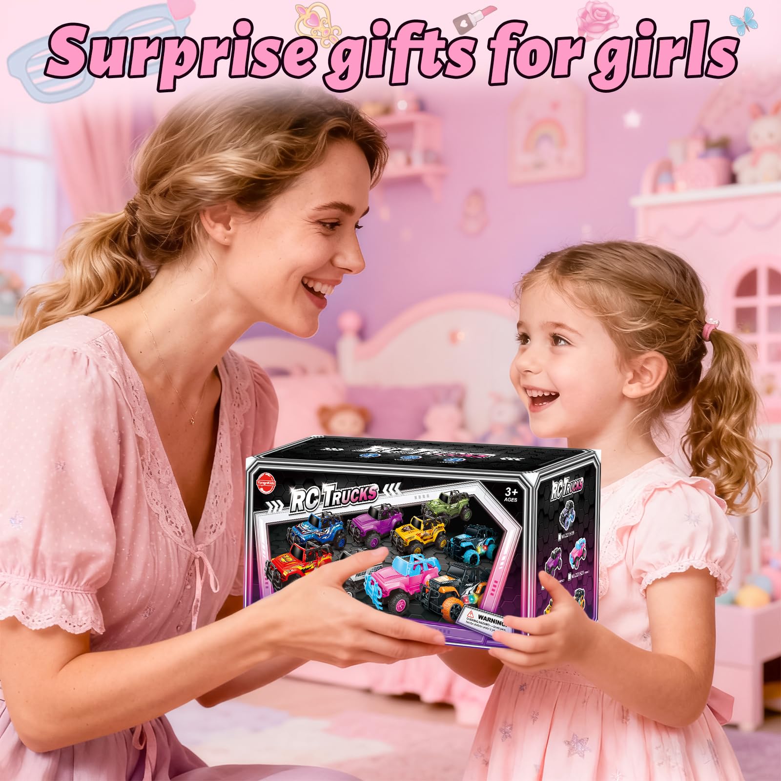 YongnKids 1:20 Scale Pink RC Truck for Kids 4-7 with Doll & Stickers - Remote Control Car Gift