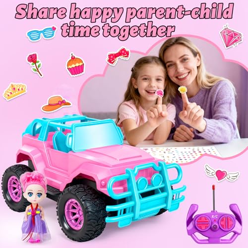 YongnKids 1:20 Scale Pink RC Truck for Kids 4-7 with Doll & Stickers - Remote Control Car Gift