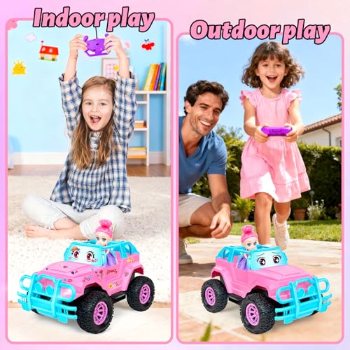 YongnKids 1:20 Scale Pink RC Truck for Kids 4-7 with Doll & Stickers - Remote Control Car Gift