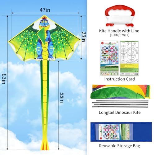YongnKids Large Dinosaur Kite for Kids Ages 4-12: Easy to Fly, 120x210cm, 328ft String, Perfect for Beach & Park