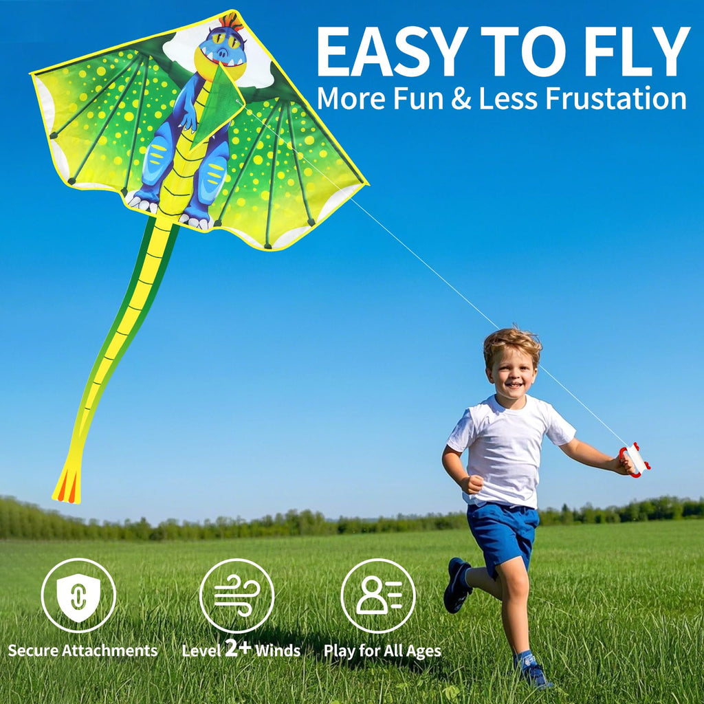 YongnKids Large Dinosaur Kite for Kids Ages 4-12: Easy to Fly, 120x210cm, 328ft String, Perfect for Beach & Park