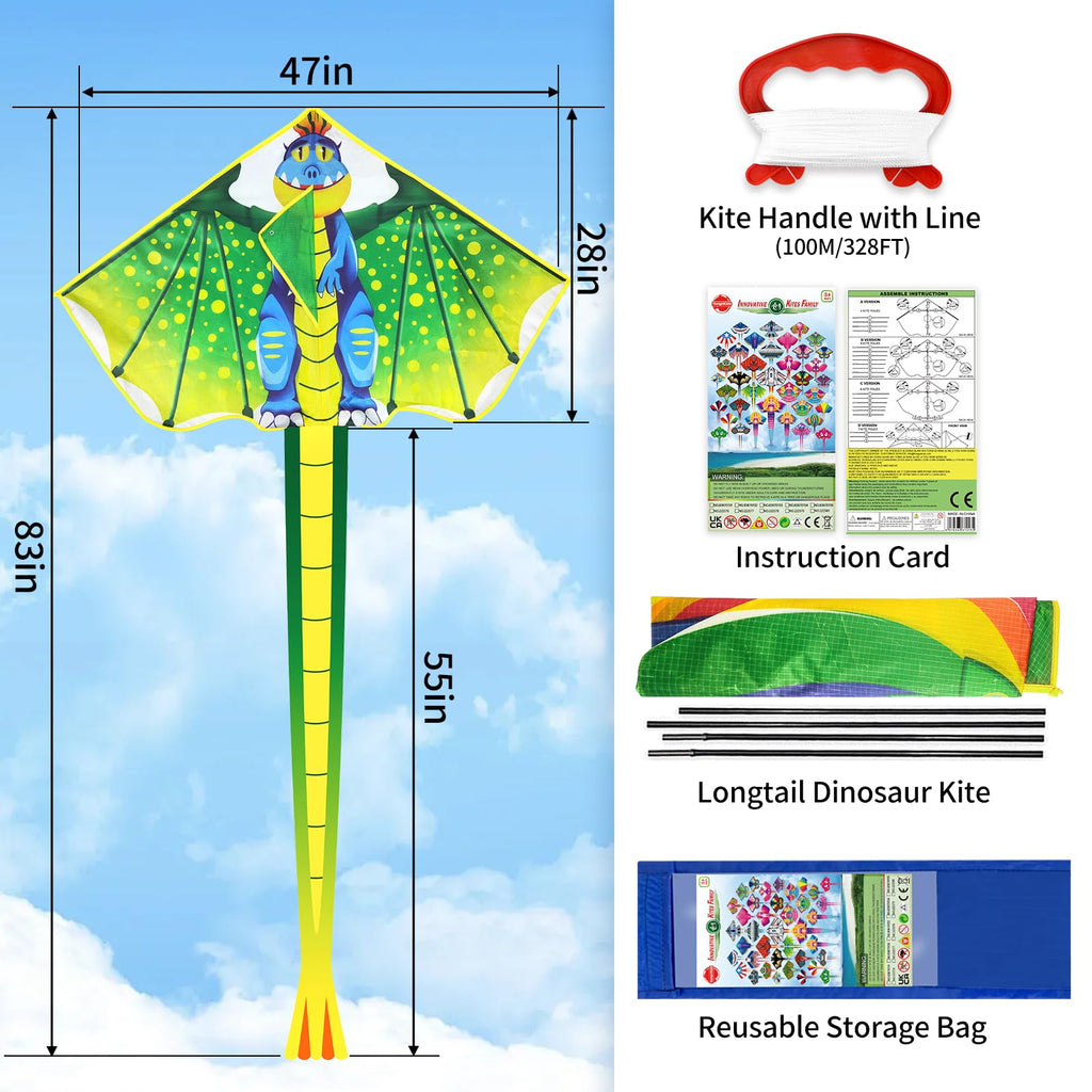 YongnKids Large Dinosaur Kite for Kids Ages 4-12: Easy to Fly, 120x210cm, 328ft String, Perfect for Beach & Park