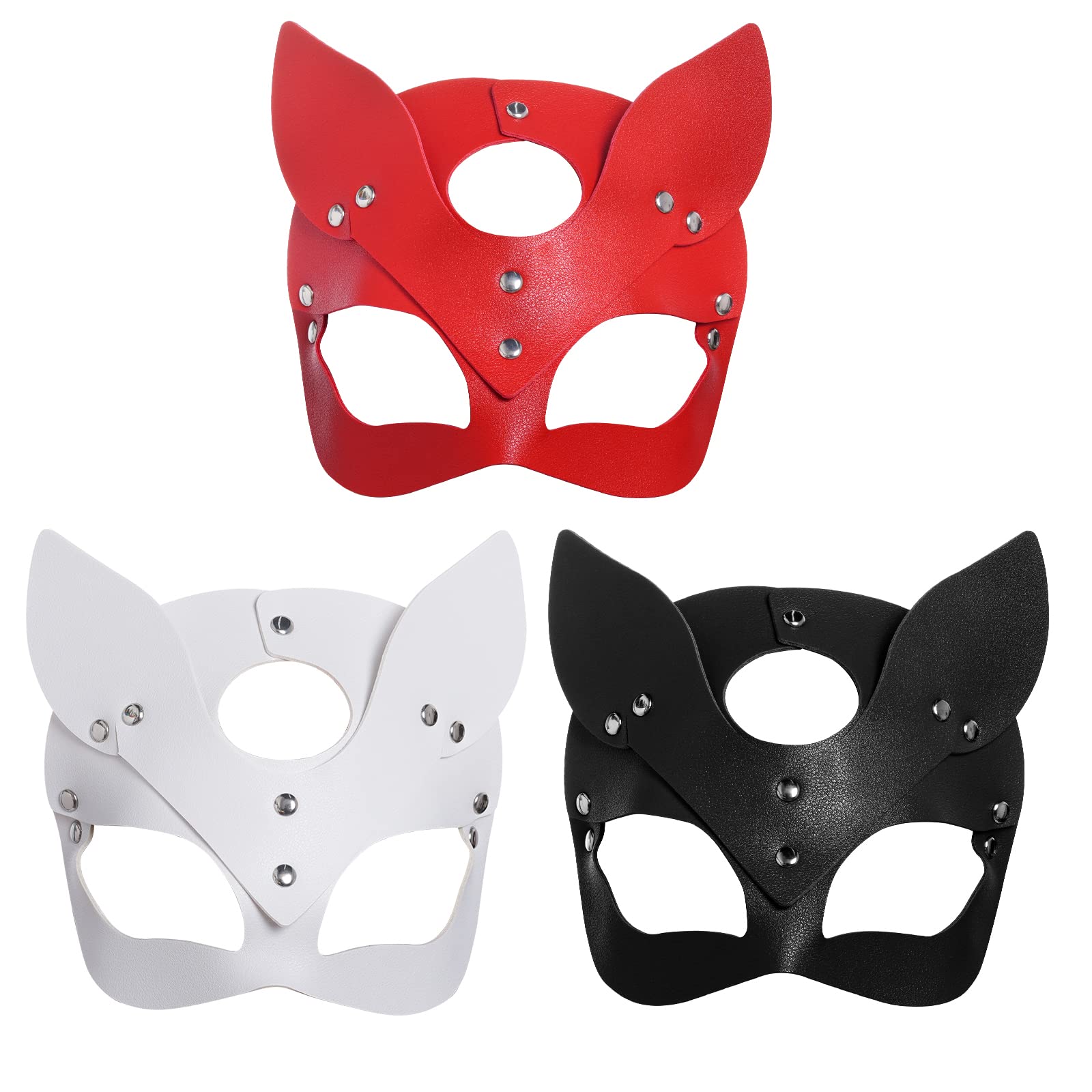 Yookat 3 Pack Leather Fox Masks for Masquerade, Halloween, Cosplay – Red, Black, White