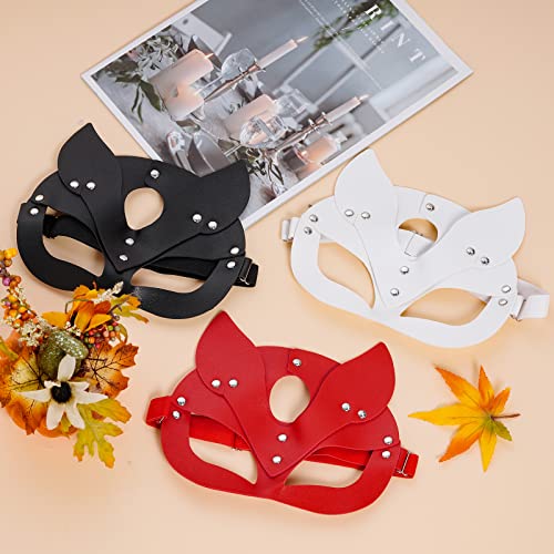 Yookat 3 Pack Leather Fox Masks for Masquerade, Halloween, Cosplay – Red, Black, White