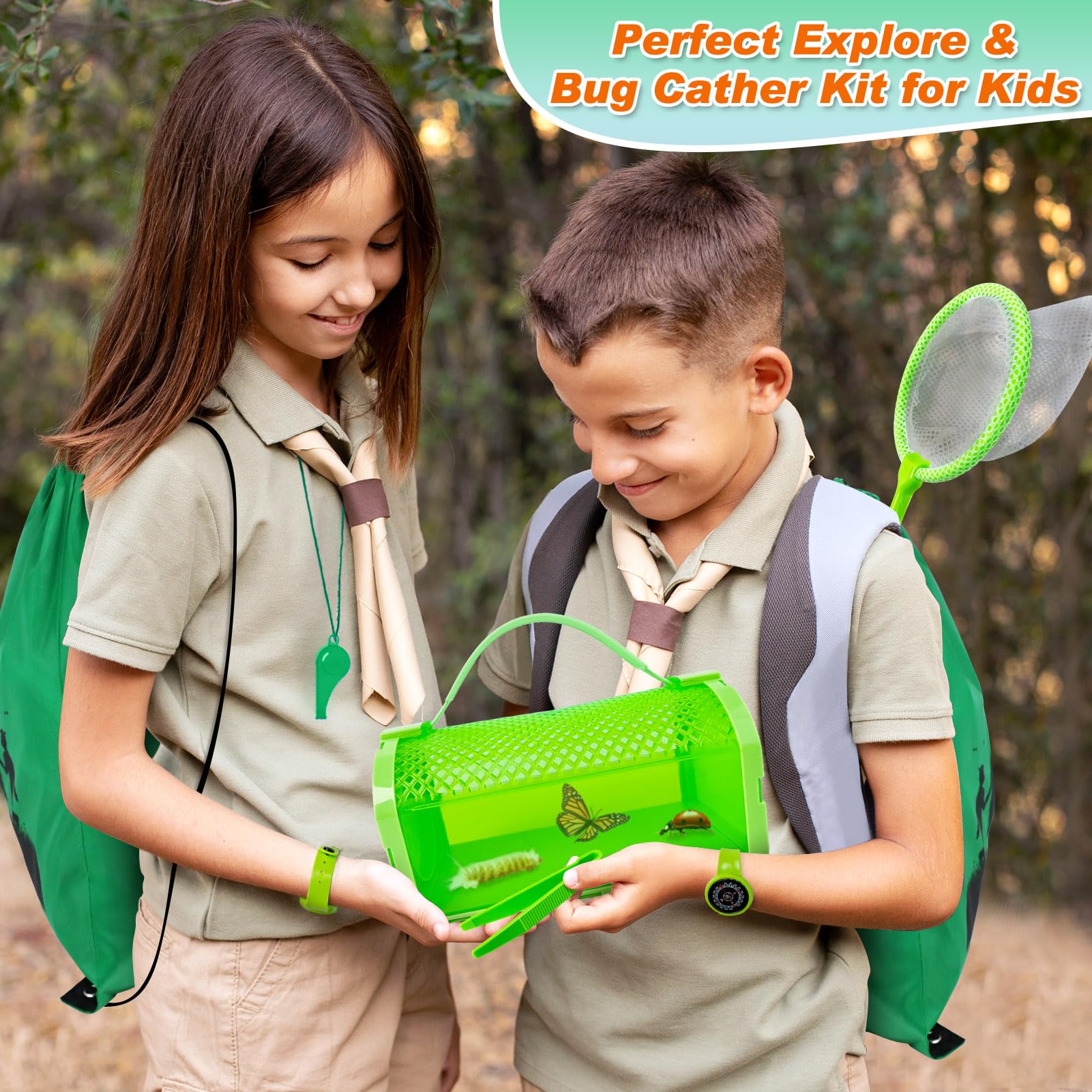 YOPINSAND 10-Piece Bug Catcher Kit for Kids - Outdoor Explorer Set with Backpack, Cage, Net & Compass Watch