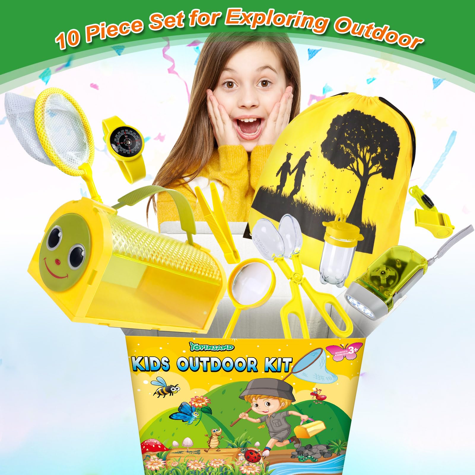 YOPINSAND Bug Catcher Kit – 10-Piece Outdoor Explorer Set for Kids 3-12 with Backpack, Cage, Net, Flashlight