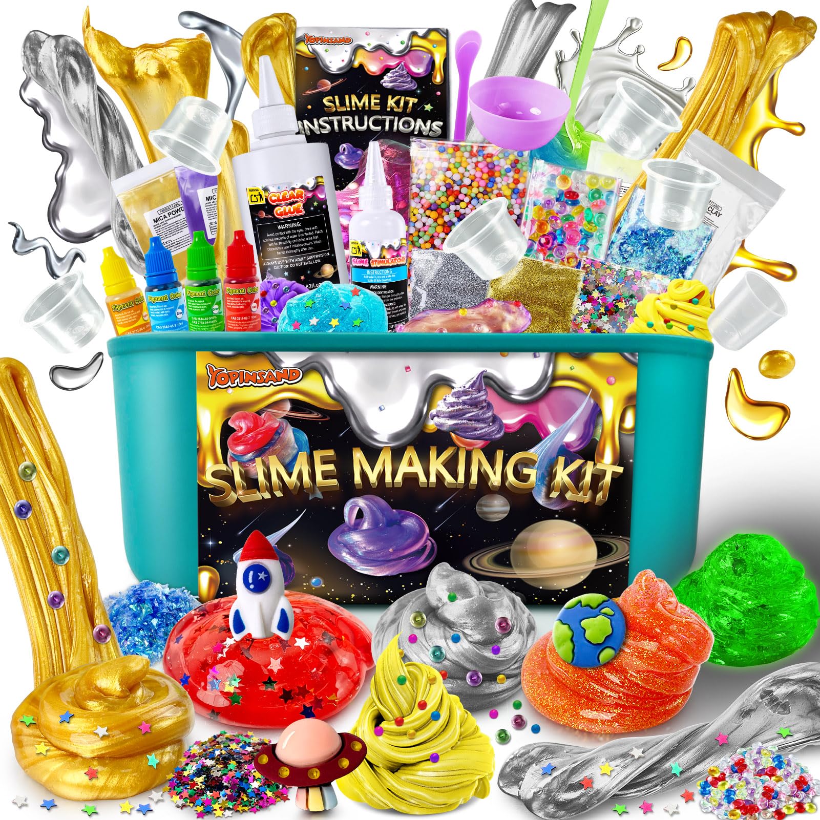 YOPINSAND Metallic Slime Kit - 27 Piece DIY Glitter Slime Making Kit for Kids with Glow in the Dark Powder and Charms