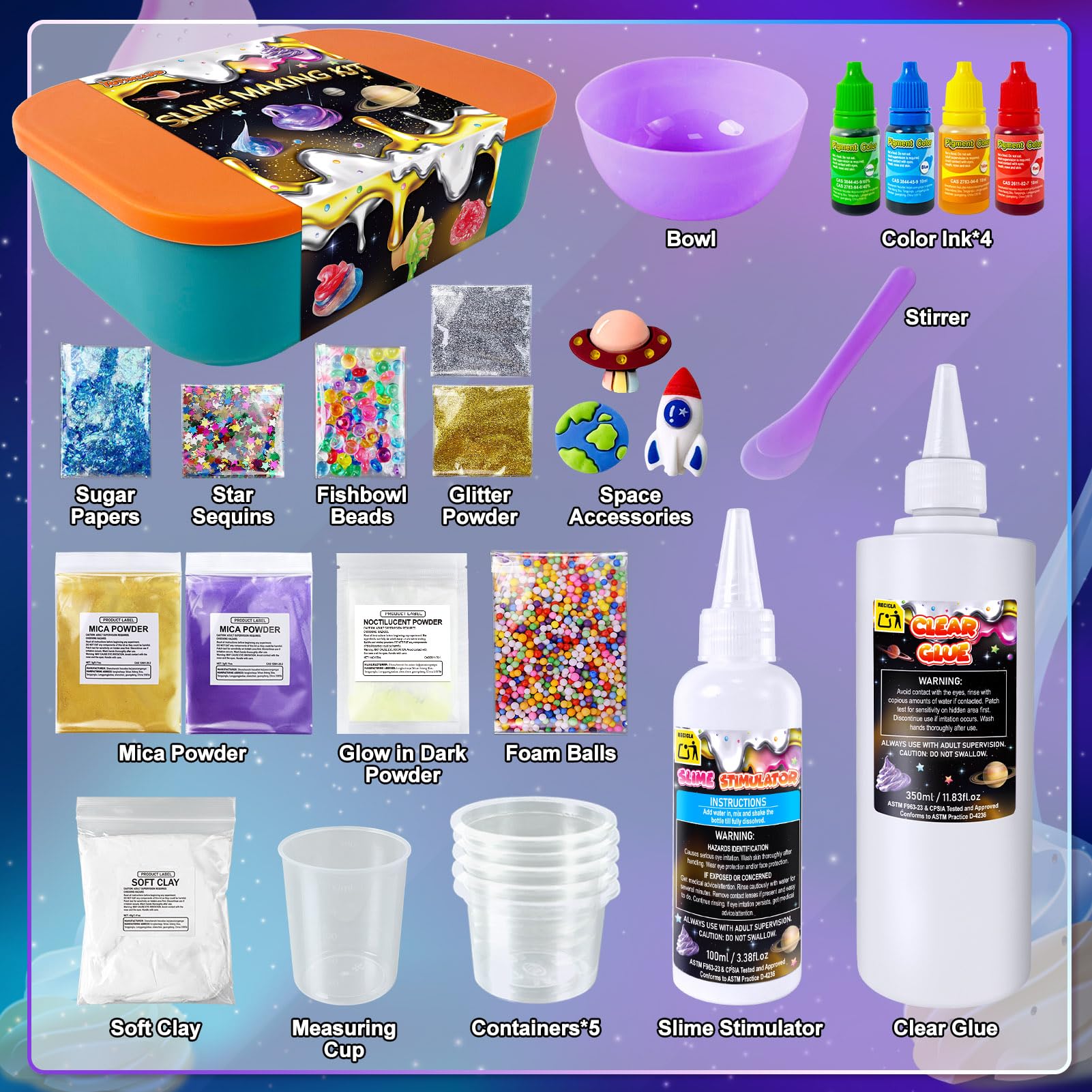 YOPINSAND Metallic Slime Kit - 27 Piece DIY Glitter Slime Making Kit for Kids with Glow in the Dark Powder and Charms