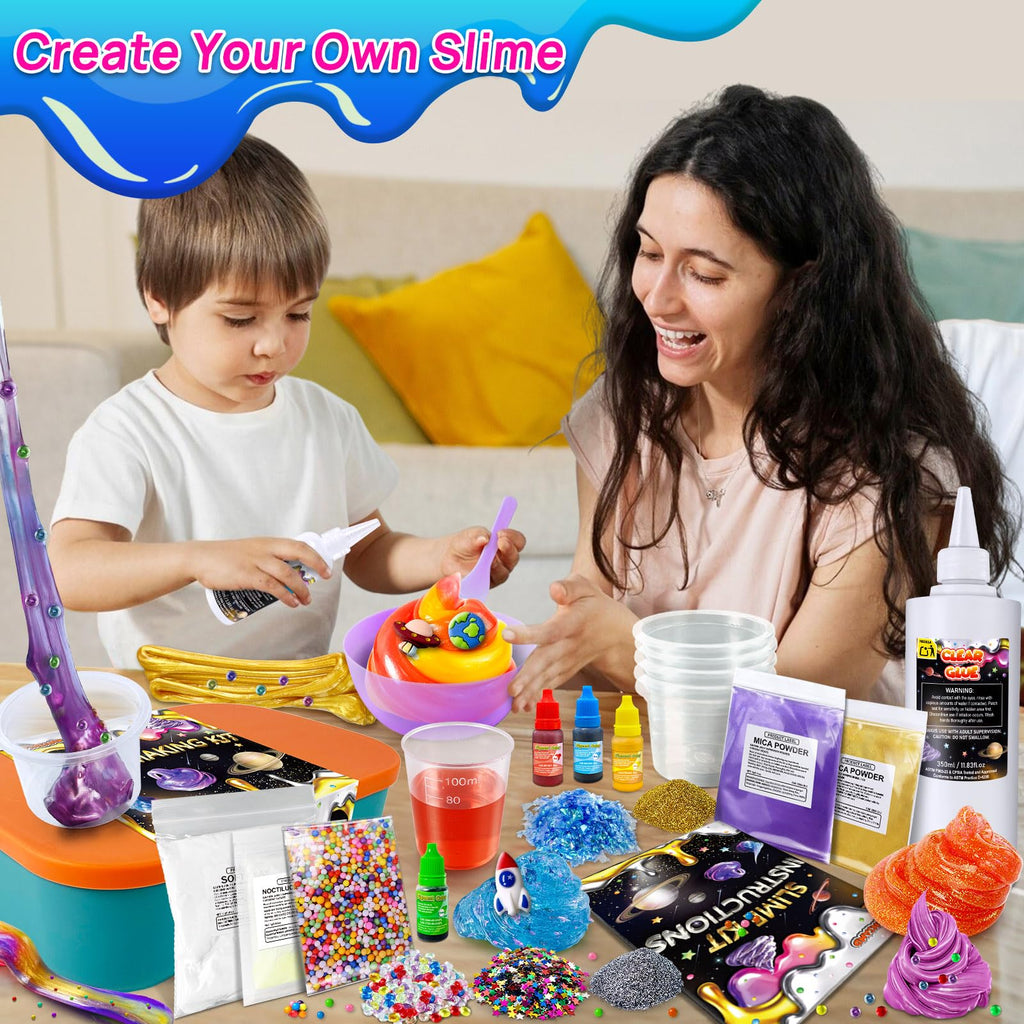 YOPINSAND Metallic Slime Kit - 27 Piece DIY Glitter Slime Making Kit for Kids with Glow in the Dark Powder and Charms