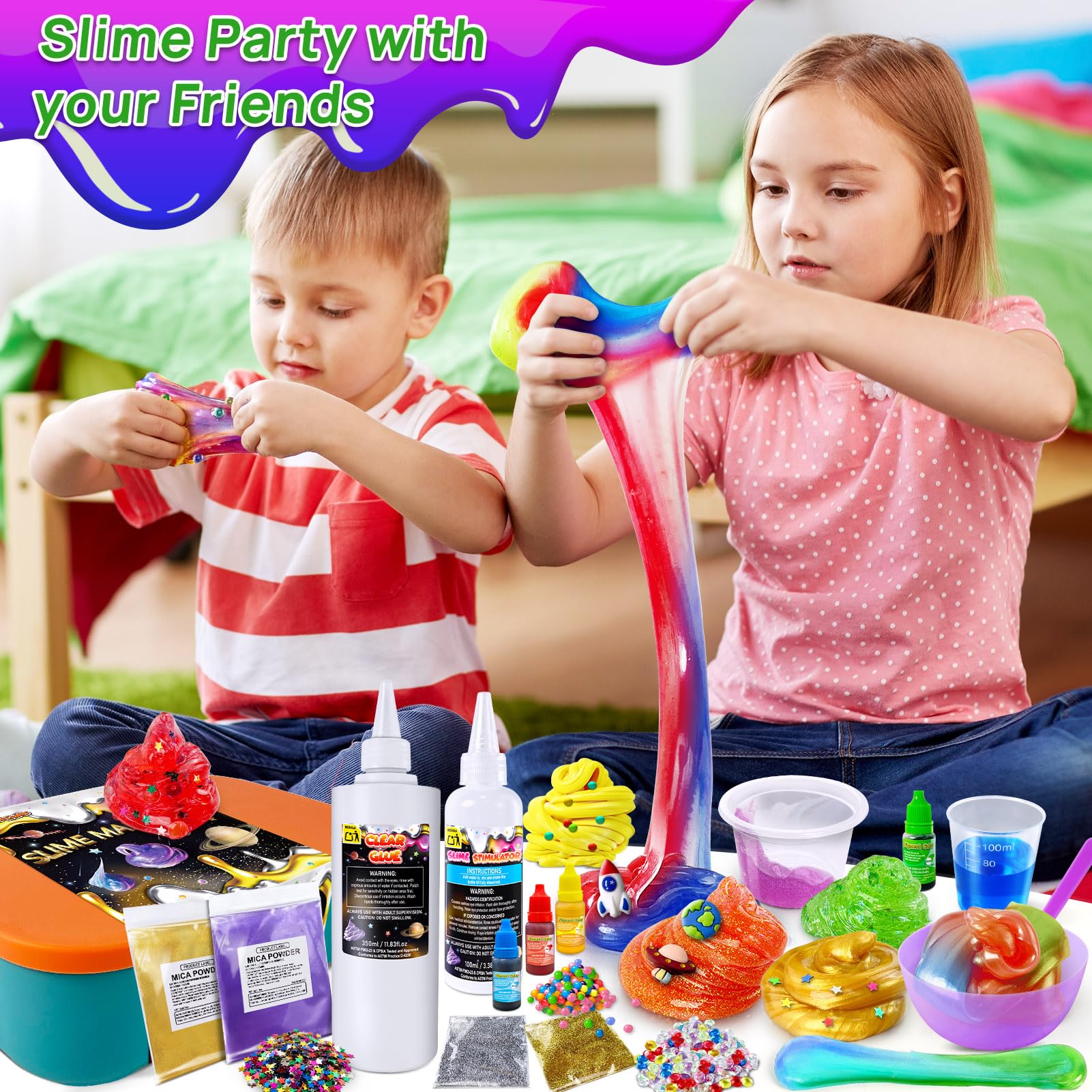 YOPINSAND Metallic Slime Kit - 27 Piece DIY Glitter Slime Making Kit for Kids with Glow in the Dark Powder and Charms