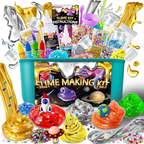 YOPINSAND Metallic Slime Kit - 27 Piece DIY Glitter Slime Making Kit for Kids with Glow in the Dark Powder and Charms