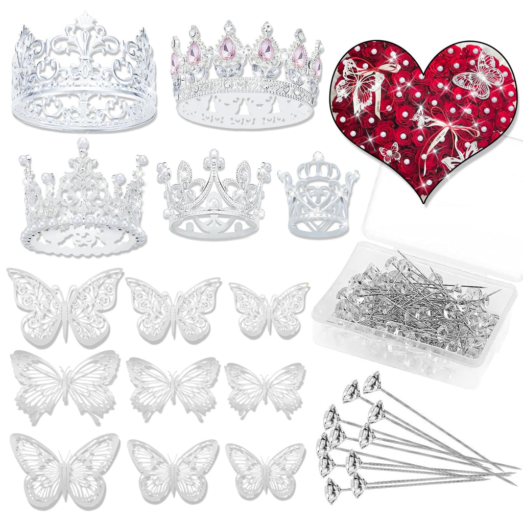 YOUlDIANZI Silver Flower Bouquet Accessories Set – 5 Crowns, 36 Butterfly Decorations, 100 Corsage Pins