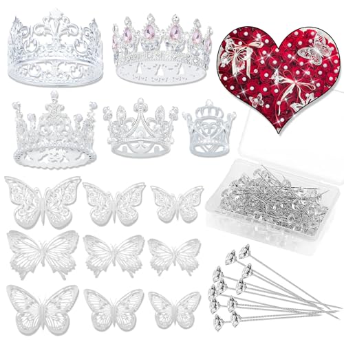 YOUlDIANZI Silver Flower Bouquet Accessories Set – 5 Crowns, 36 Butterfly Decorations, 100 Corsage Pins