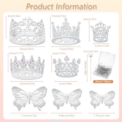 YOUlDIANZI Silver Flower Bouquet Accessories Set – 5 Crowns, 36 Butterfly Decorations, 100 Corsage Pins