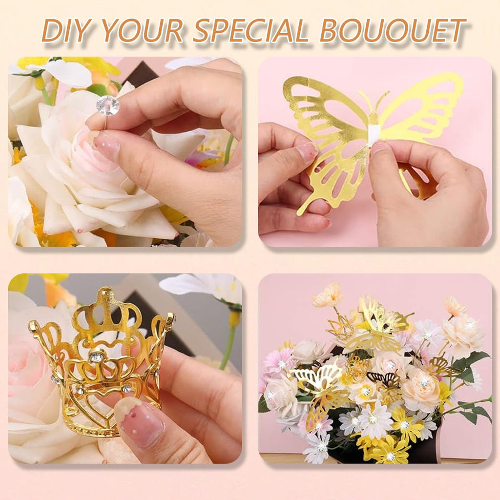 YOUlDIANZI Silver Flower Bouquet Accessories Set – 5 Crowns, 36 Butterfly Decorations, 100 Corsage Pins
