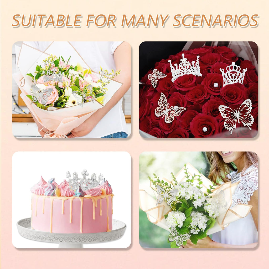 YOUlDIANZI Silver Flower Bouquet Accessories Set – 5 Crowns, 36 Butterfly Decorations, 100 Corsage Pins