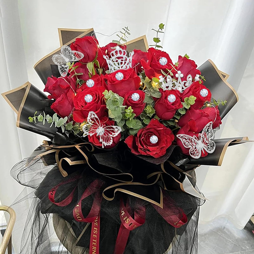 YOUlDIANZI Silver Flower Bouquet Accessories Set – 5 Crowns, 36 Butterfly Decorations, 100 Corsage Pins