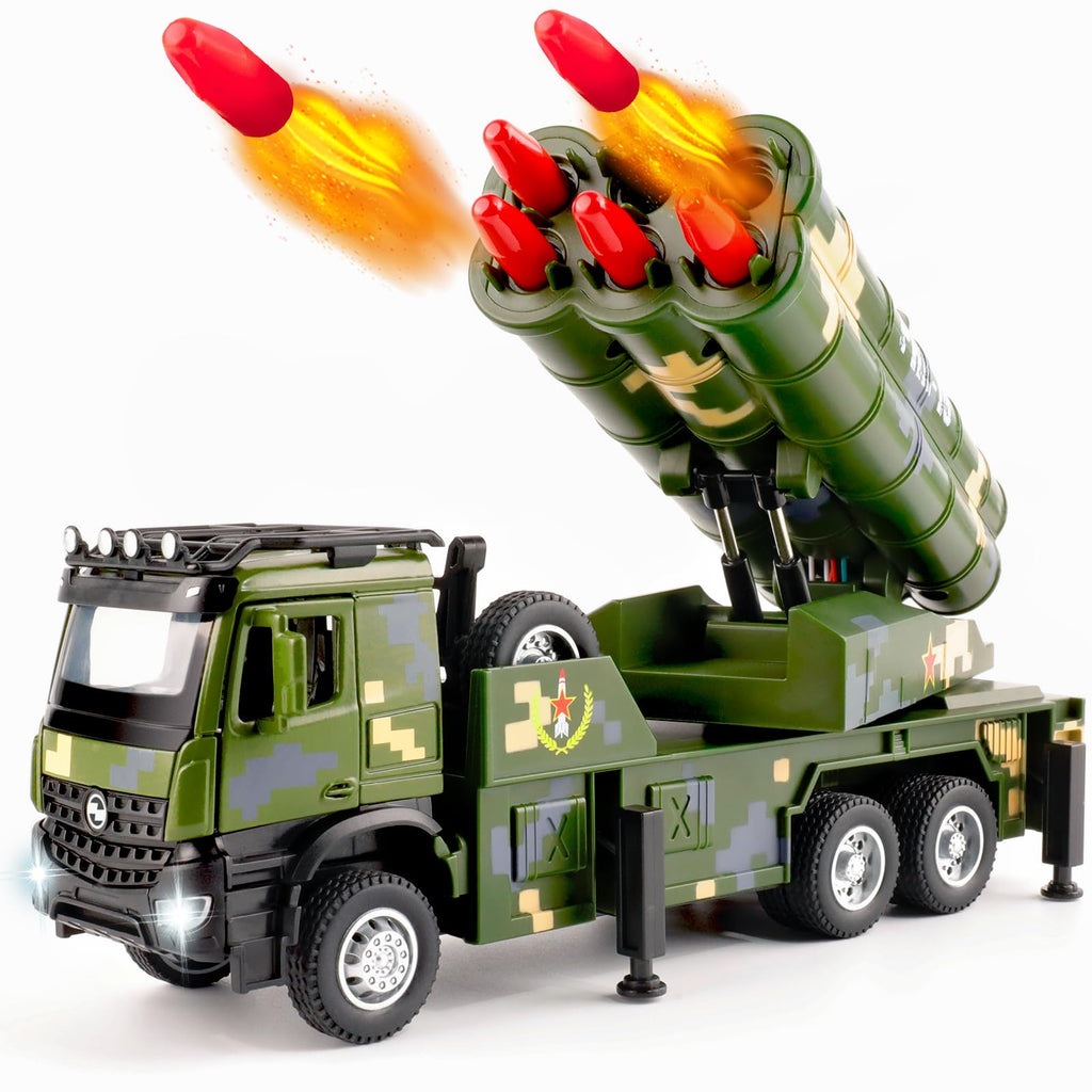 Youlechen Military Truck Toy with 6 Launching Missiles, Lights & Sounds, Rotating Turret