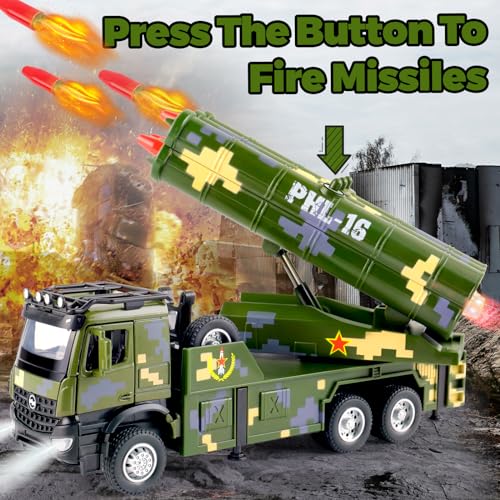 Youlechen Military Truck Toy with 6 Launching Missiles, Lights & Sounds, Rotating Turret