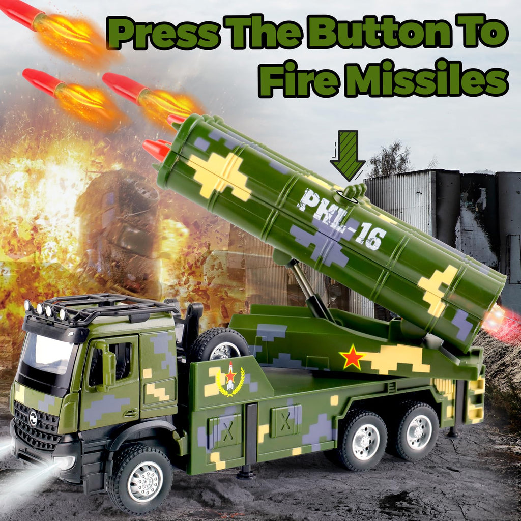 Youlechen Military Truck Toy with 6 Launching Missiles, Lights & Sounds, Rotating Turret