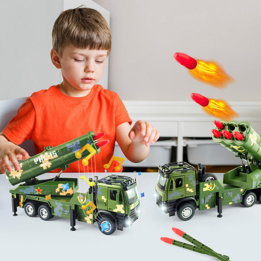 Youlechen Military Truck Toy with 6 Launching Missiles, Lights & Sounds, Rotating Turret