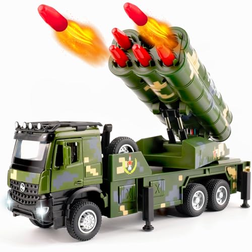 Youlechen Military Truck Toy with 6 Launching Missiles, Lights & Sounds, Rotating Turret