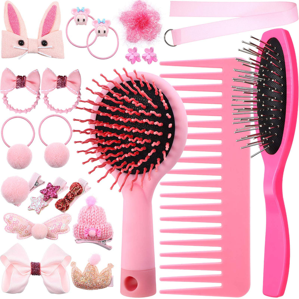 YoungJoy 21-Piece Doll Hair Styling Set – Pink Brushes, Clips & Ties for 18-Inch and 14-Inch Dolls