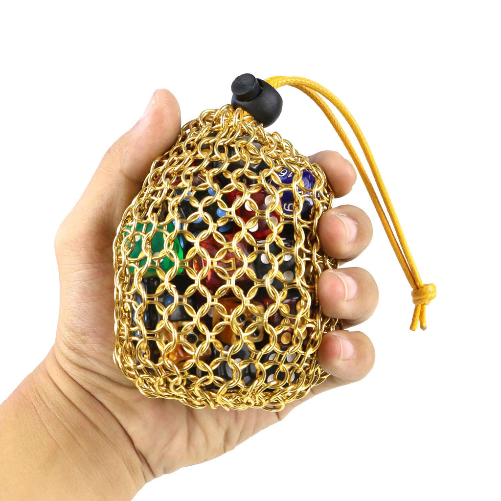 YOUSHARES Gold Chainmail D&D Dice Bag – Holds Up to 42 Polyhedral Dice in 304 Stainless Steel