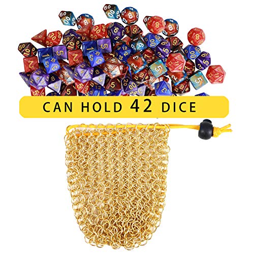 YOUSHARES Gold Chainmail D&D Dice Bag – Holds Up to 42 Polyhedral Dice in 304 Stainless Steel