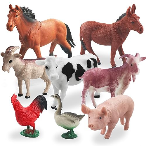 Yowlieu 8-Piece Farm Animal Figurines Set - Realistic Plastic Animals for Toddlers (Pig, Cow, Goat, Sheep, Rooster, Goose, Horse)