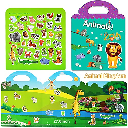Yowlieu Reusable Sticker Books for Kids – 4 Sets of Removable Stickers (Vehicle, Farm, Dinosaur & Zoo Animal) – Portable Travel Toy for Boys Girls Ages 3-6