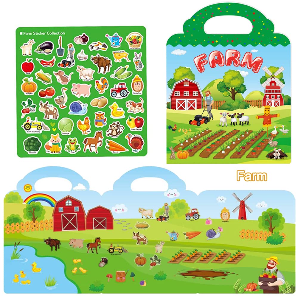 Yowlieu Reusable Sticker Books for Kids – 4 Sets of Removable Stickers (Vehicle, Farm, Dinosaur & Zoo Animal) – Portable Travel Toy for Boys Girls Ages 3-6