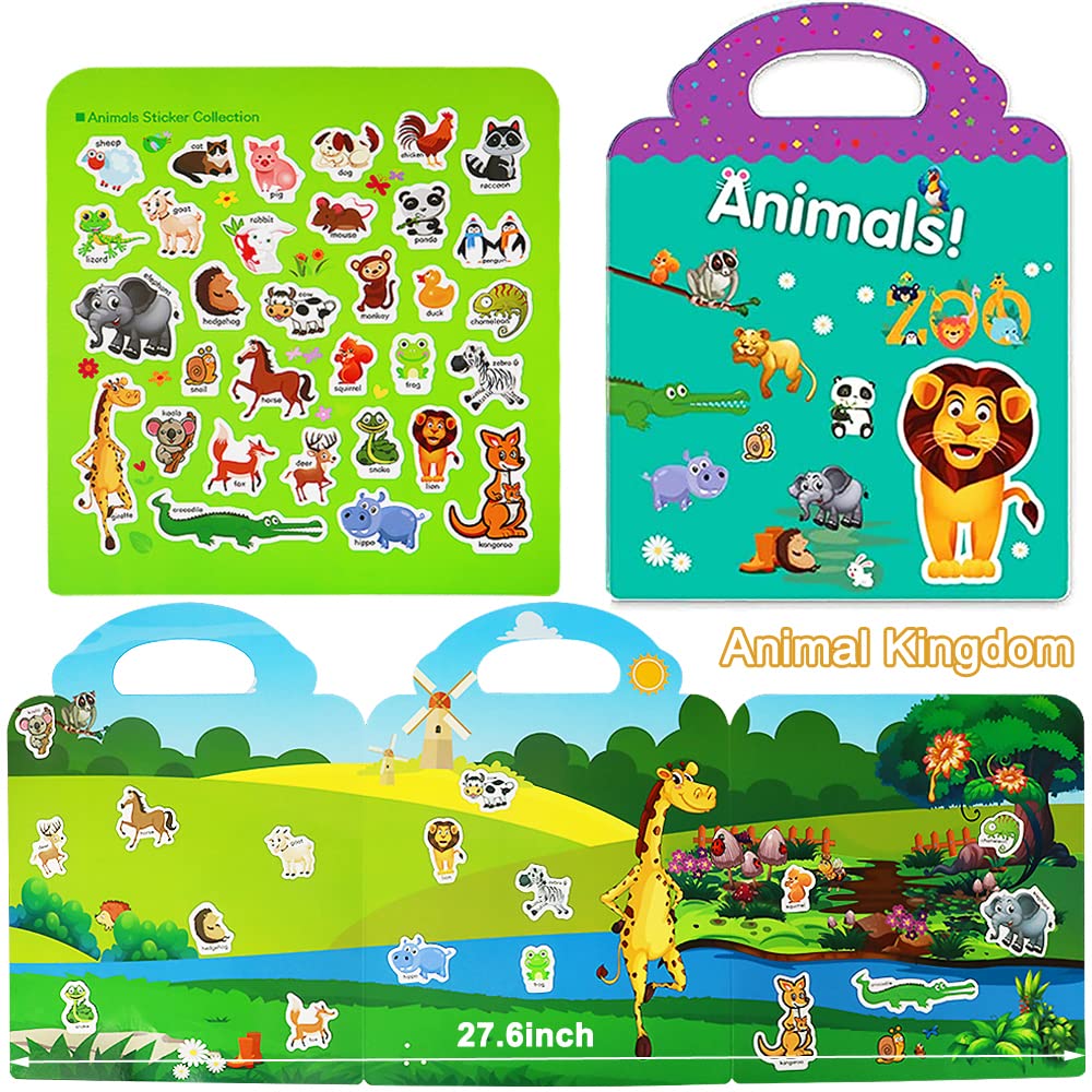 Yowlieu Reusable Sticker Books for Kids – 4 Sets of Removable Stickers (Vehicle, Farm, Dinosaur & Zoo Animal) – Portable Travel Toy for Boys Girls Ages 3-6