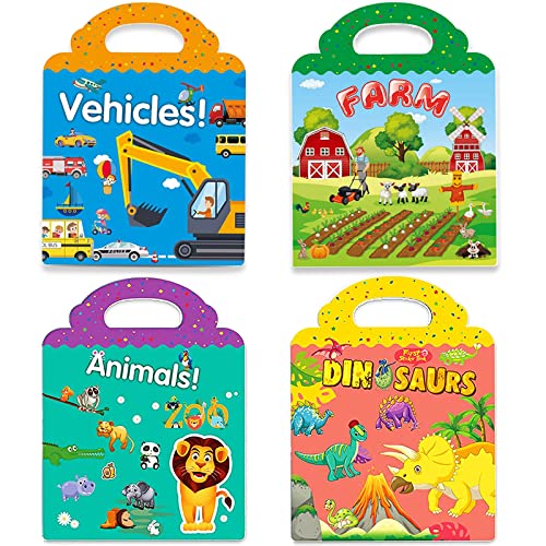 Yowlieu Reusable Sticker Books for Kids – 4 Sets of Removable Stickers (Vehicle, Farm, Dinosaur & Zoo Animal) – Portable Travel Toy for Boys Girls Ages 3-6