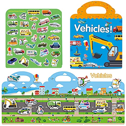 Yowlieu Reusable Sticker Books for Kids – 4 Sets of Removable Stickers (Vehicle, Farm, Dinosaur & Zoo Animal) – Portable Travel Toy for Boys Girls Ages 3-6