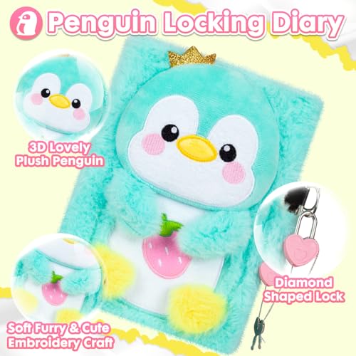 YOYTOO Green Penguin Plush Diary with Lock for Girls - 160 Lined Pages, A5, Heart Lock