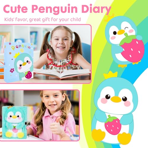 YOYTOO Green Penguin Plush Diary with Lock for Girls - 160 Lined Pages, A5, Heart Lock