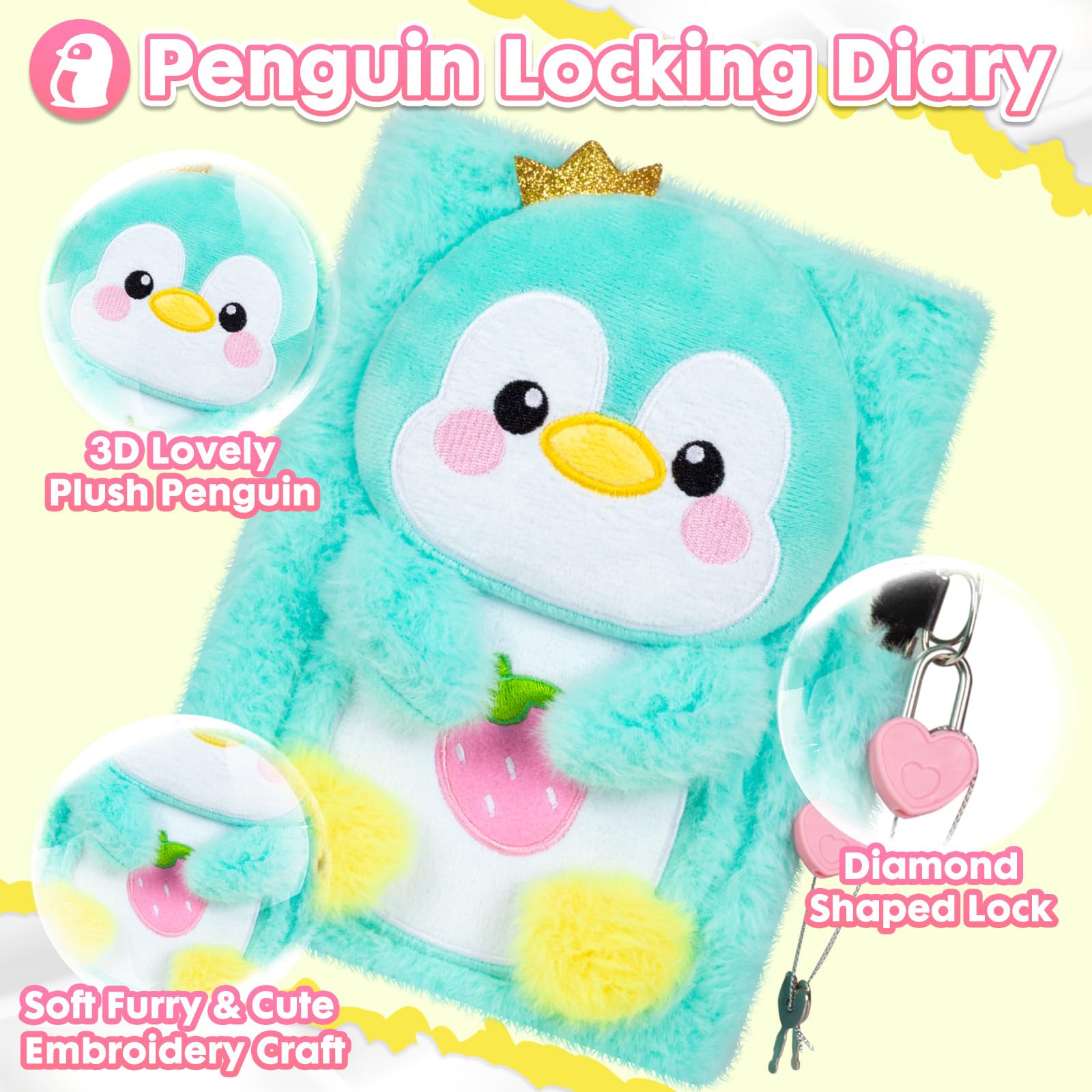 YOYTOO Green Penguin Plush Diary with Lock for Girls - 160 Lined Pages, A5, Heart Lock