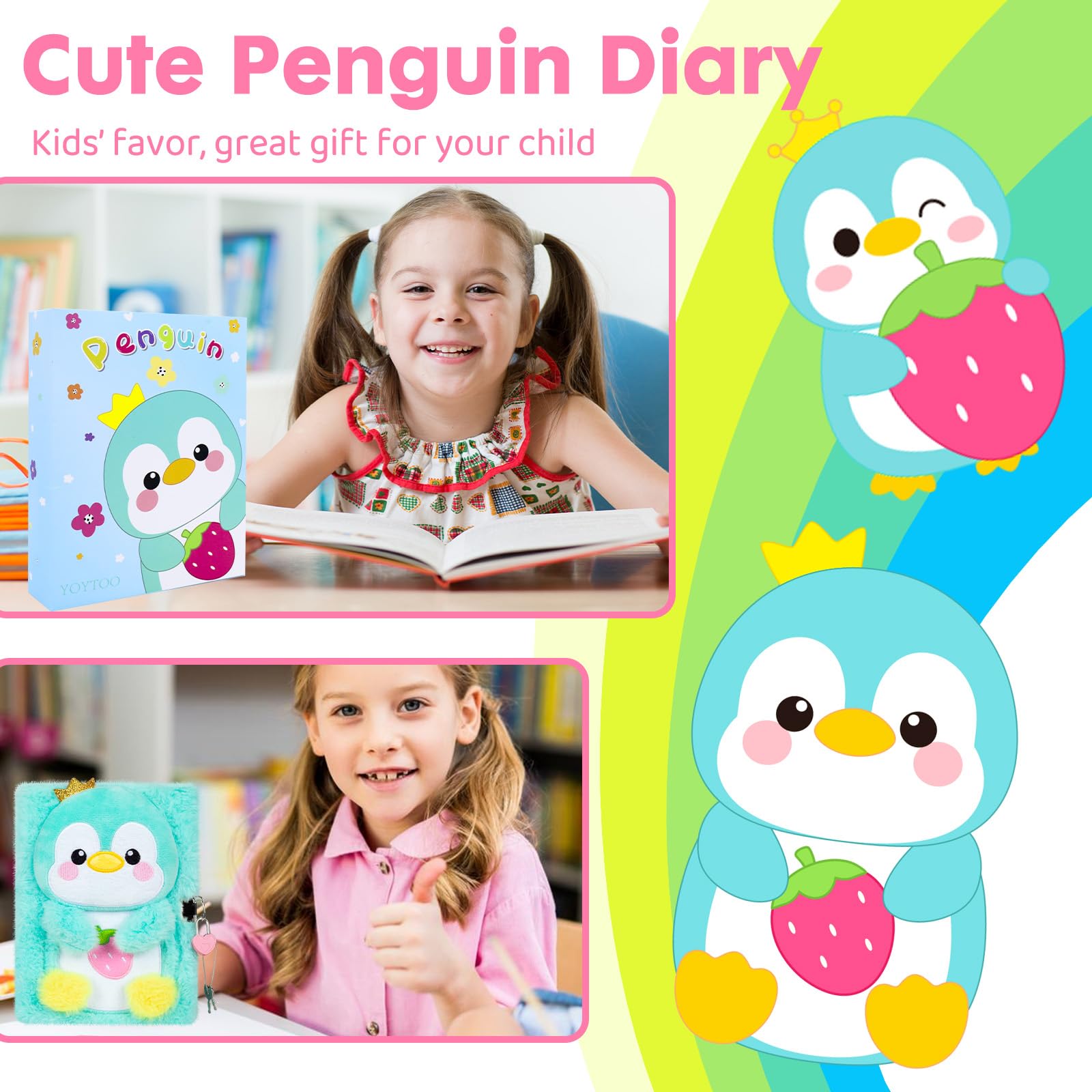 YOYTOO Green Penguin Plush Diary with Lock for Girls - 160 Lined Pages, A5, Heart Lock