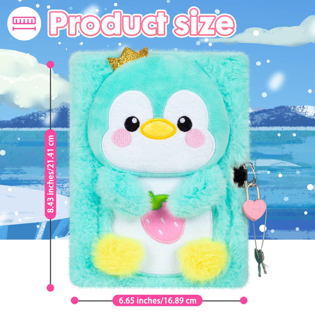 YOYTOO Green Penguin Plush Diary with Lock for Girls - 160 Lined Pages, A5, Heart Lock