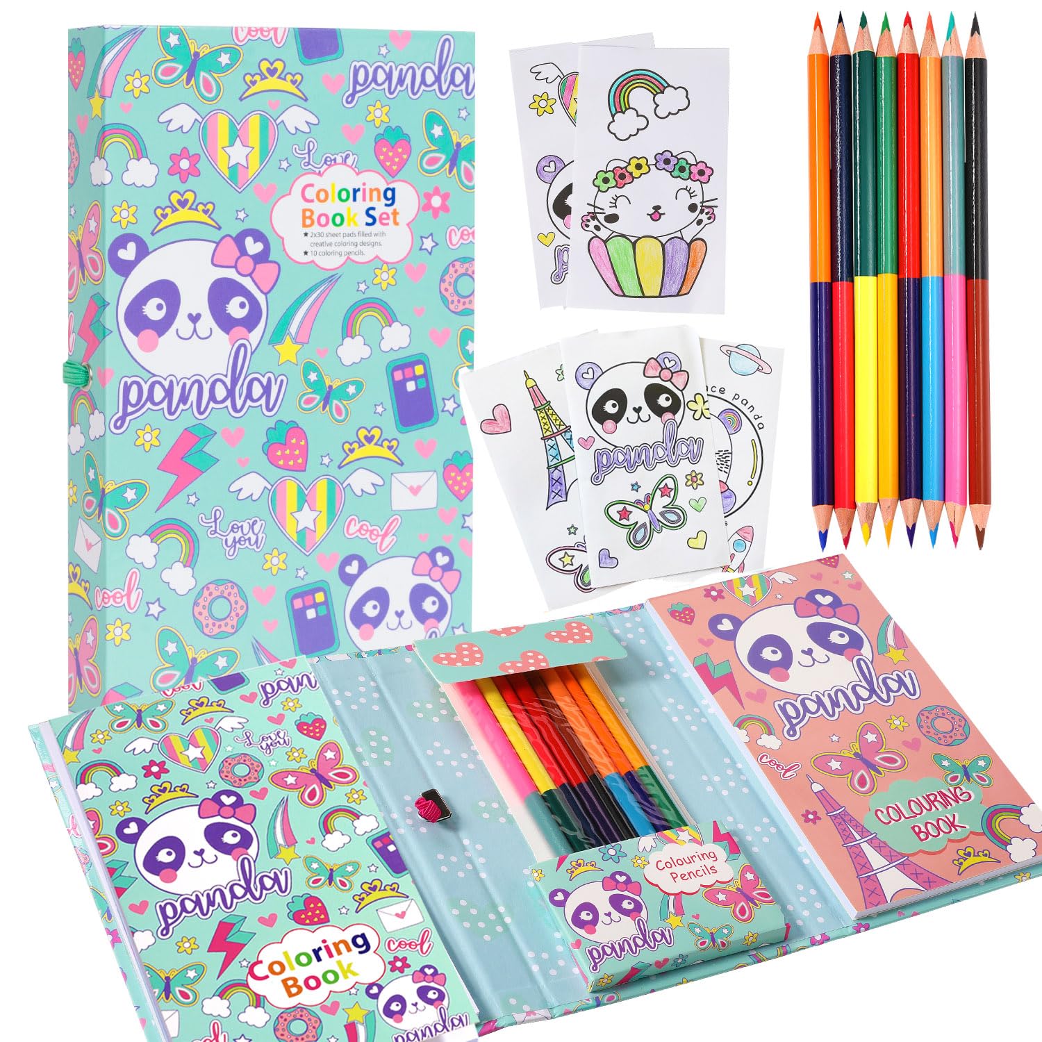 YOYTOO Panda Coloring Book Set with 60 Mess-Free Pages and Colored Pencils for Kids Ages 4-8