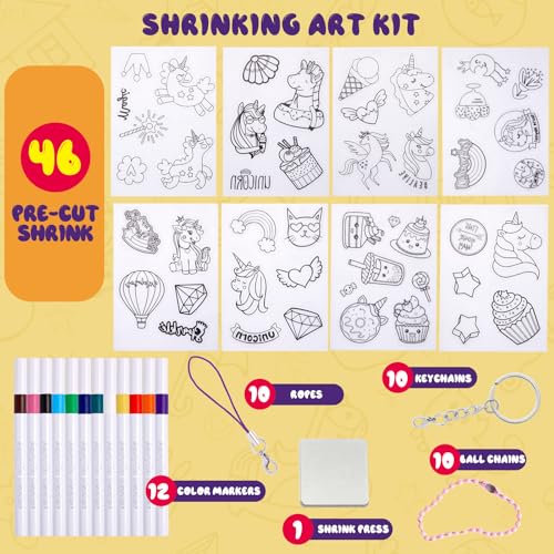 Yrinfay 89-Piece Unicorn Shrink Plastic Art Kit – Pre-Cut Charms, Markers, and Keychain Accessories for Kids