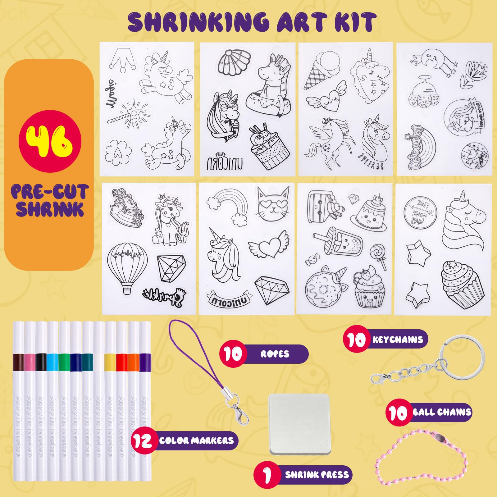 Yrinfay 89-Piece Unicorn Shrink Plastic Art Kit – Pre-Cut Charms, Markers, and Keychain Accessories for Kids