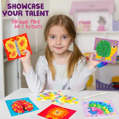 Yrinfay Poke Art Craft Kit - DIY 8 Animals (Lion, Owl, Peafowl, Ladybug) Mess-Free Sewing Art Toy for Kids Ages 6-12